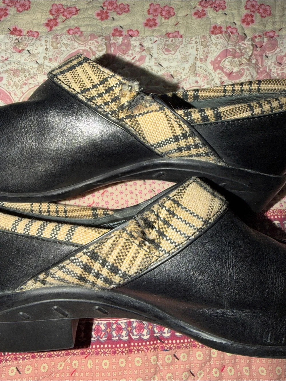 Ariat Black Slip-On Loafers with Tan Plaid Trim